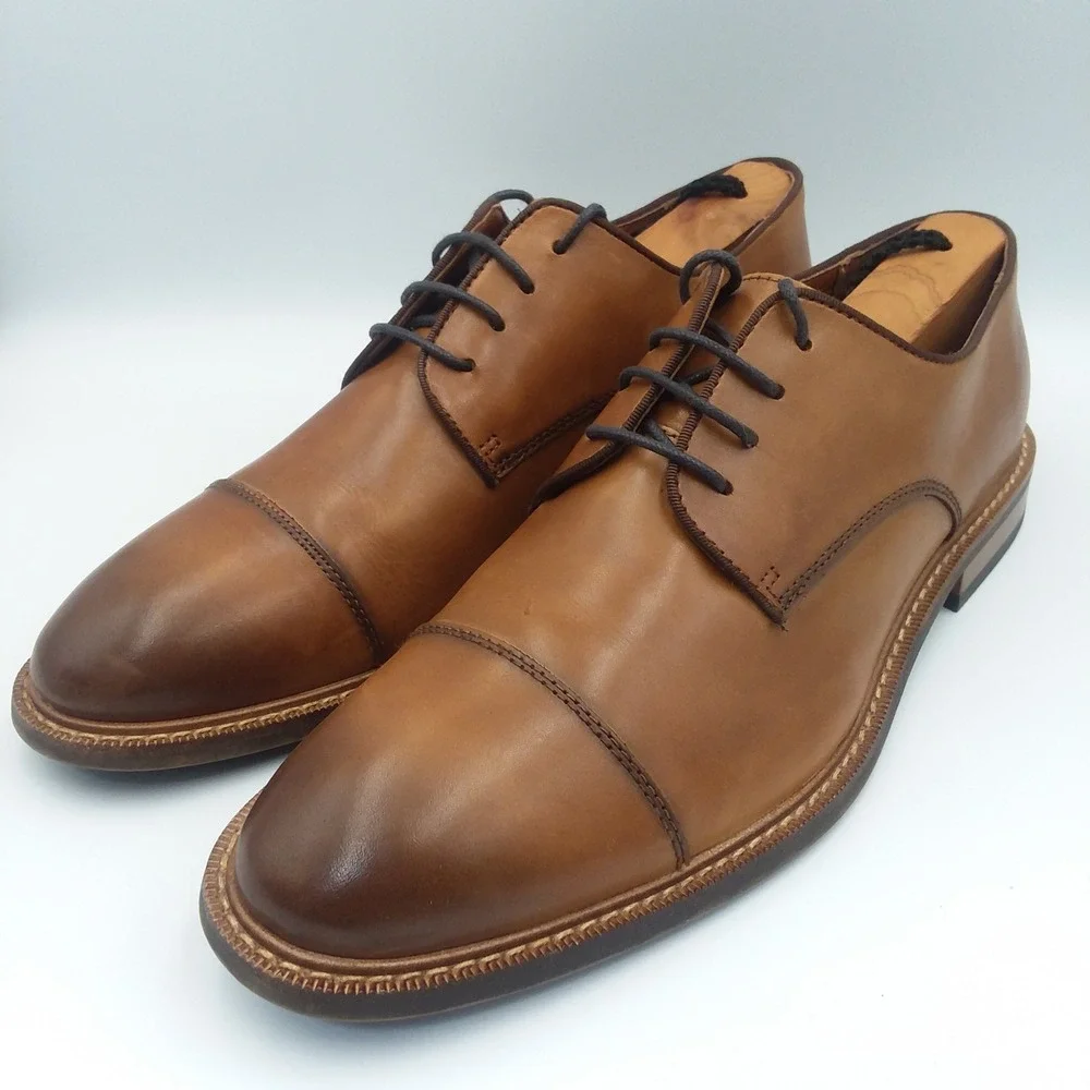 Vince Camuto Loxley Cap Toe Oxfords Mens 9M Cognac Leather Derby Dress Shoes EUC